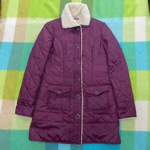 Free People purple puffer coat plaid lining and fur Collar